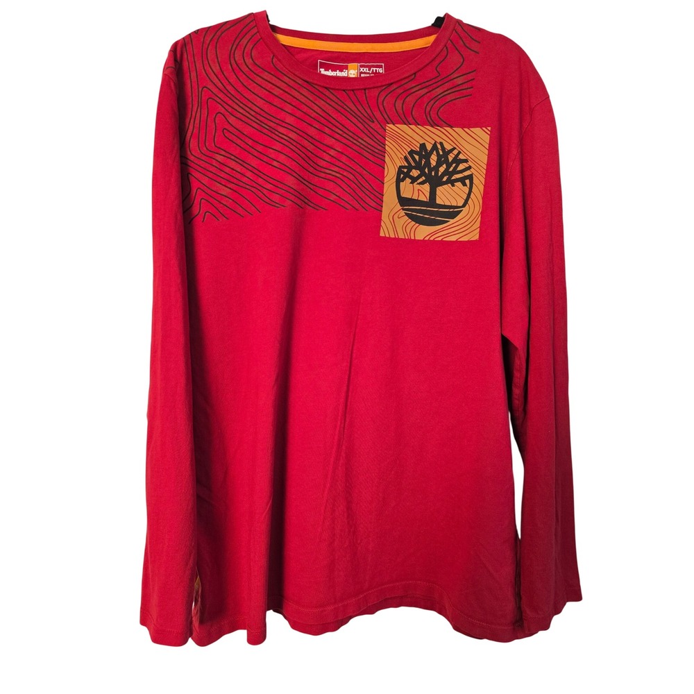 Timberland Mens Red Long Sleeve Topographic Box Logo‎ Cotton T-Shirt XXL Regular